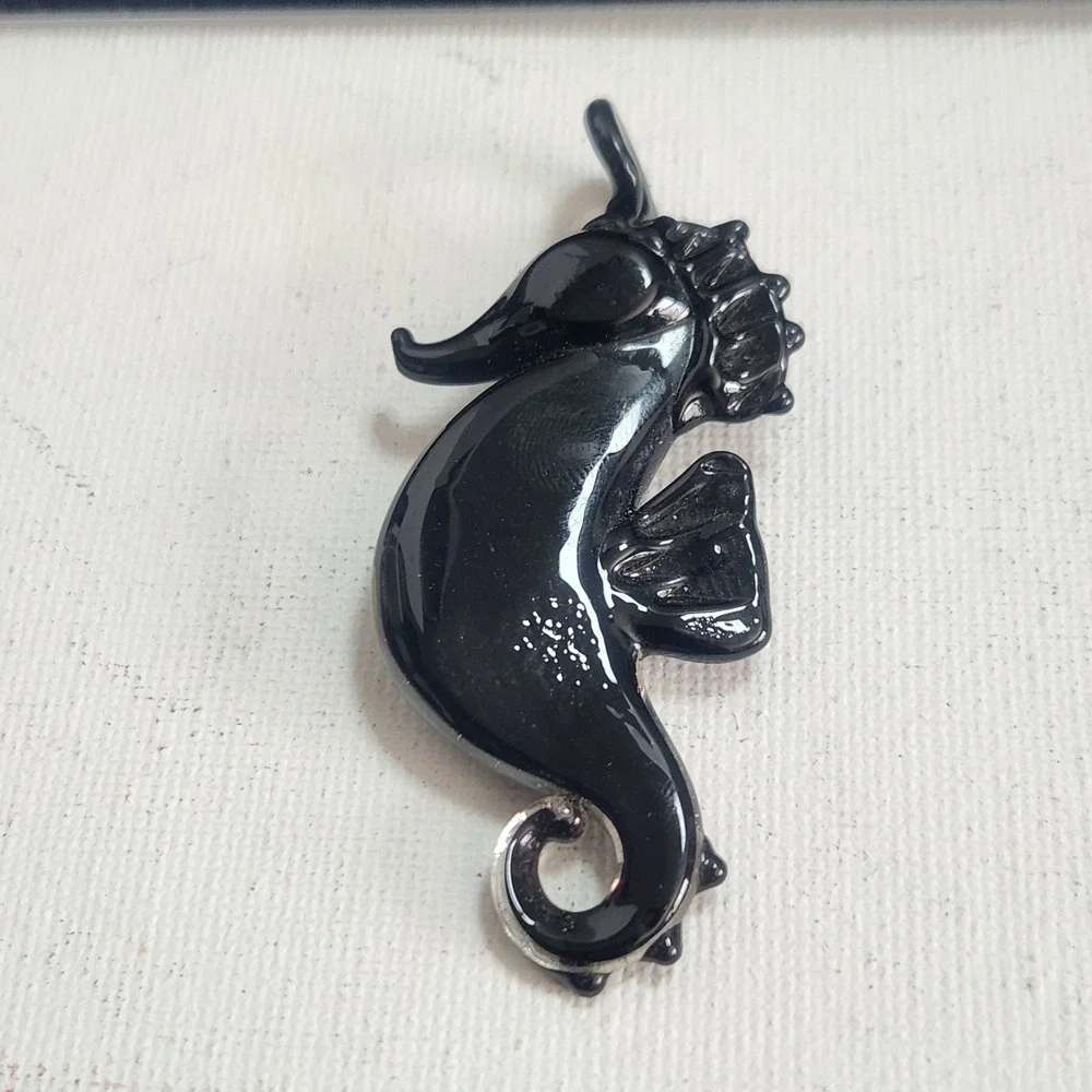 Handblown Lampwork Glass Seahorse Pendant Black Multi Color Dichroic Art Glass‎